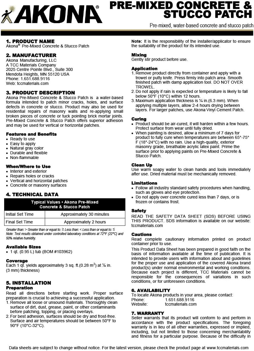 Akona Pre Mixed Concrete Stucco Patch Qt 1 Pack Amazon Com