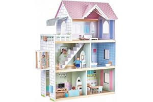 Giant bean Large Pink Wooden Dollhouse with Furniture for Girls with Doorbell, Light,Elevator, 6 Rooms 2.6ft High,15 Pcs Furniture & 3 Dolls, Kids Playhouse Toy for Girls 3-7+, 31.5" x 25" x 12.2"