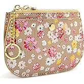 Coin Purse Wallet with Keyring, Small Zipper Pouch, Credit Card Holder, Taupe with Pink and Yellow Flowers (Taupe)