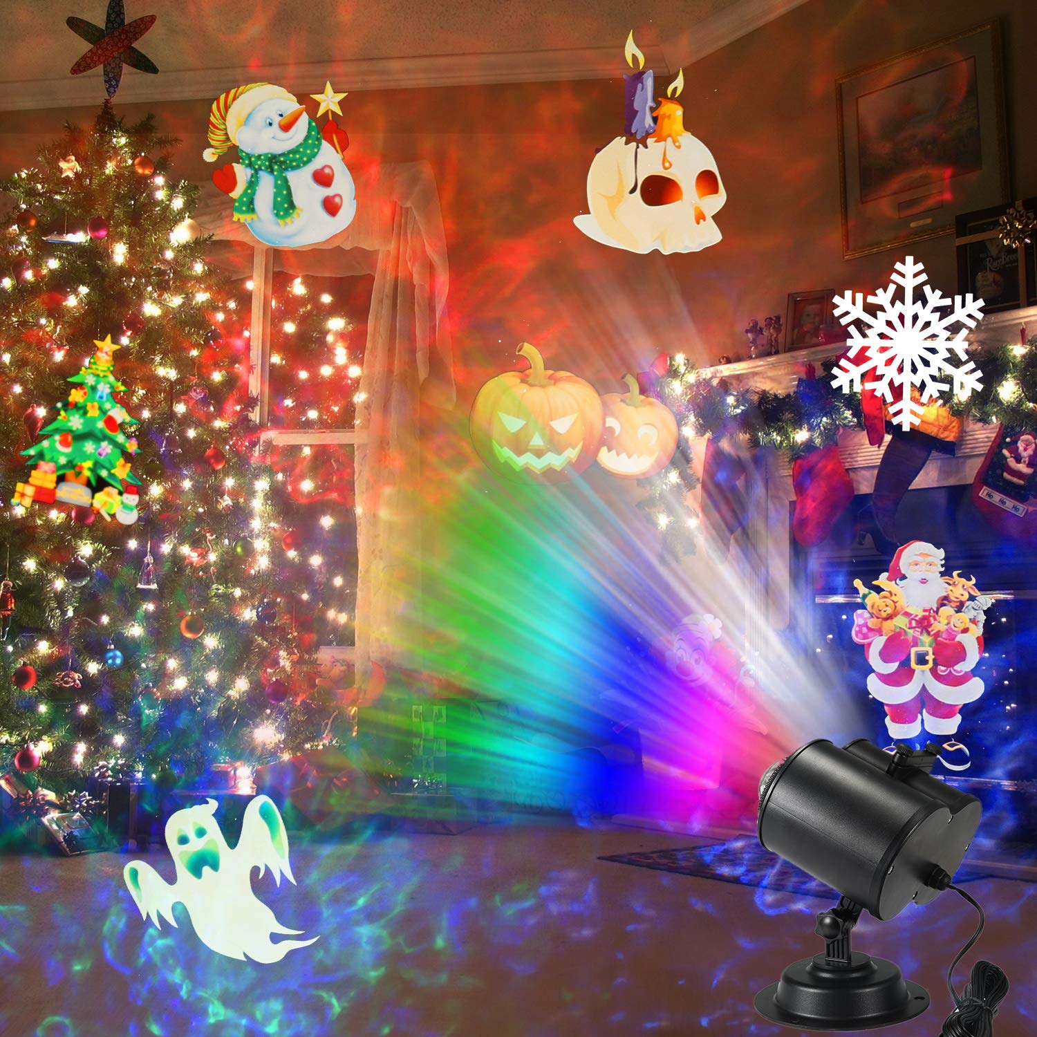 Xmas Projector Lights, Enow 2-in-1 Ocean Wave LED Projector with 12 Slides 10 Colors Waterproof Outdoor Indoor Lights for Home Birthday Party Garden Landscape Holiday Decorations, Remote Control