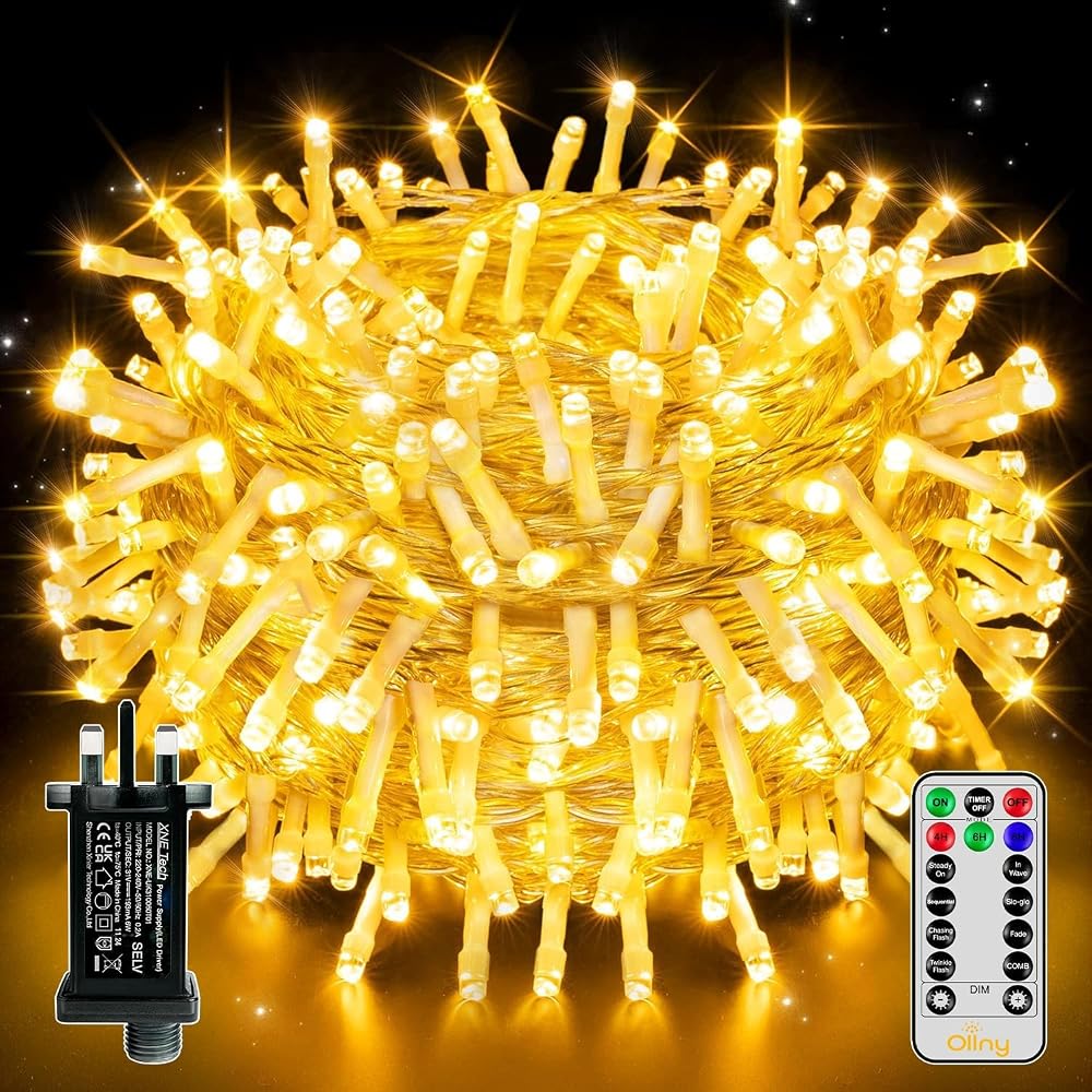Ollny 200 LED Outdoor Christmas Tree Lights 20m Warm White Remote 8 Modes