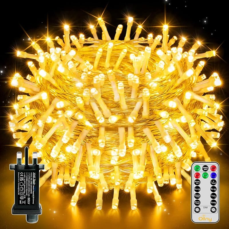 Ollny 200 LED Outdoor Christmas Tree Lights 20m Warm White Remote 8 Modes