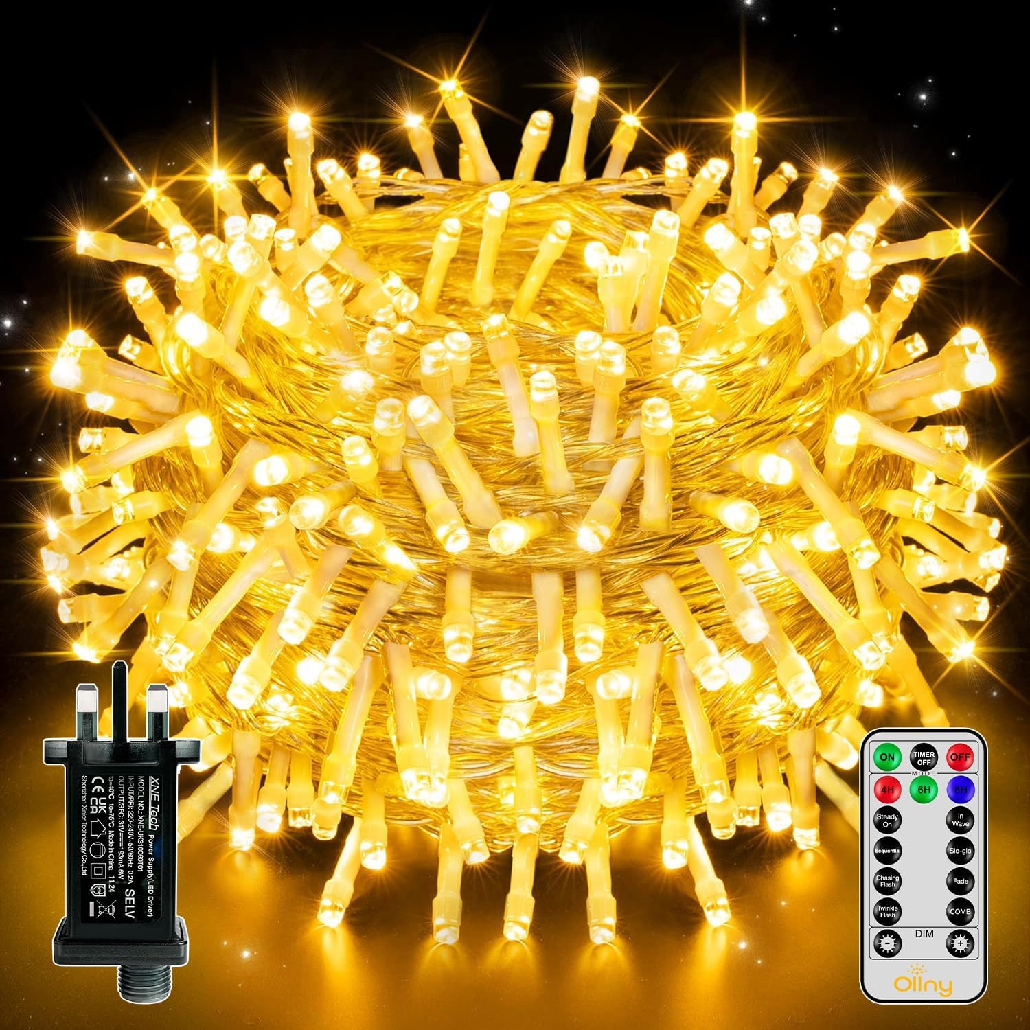 Ollny Christmas Tree Lights, 20m 200 LED Outdoor Fairy Light Mains Powered, Waterproof Warm White String Light with Plug,Remote/8 Modes/Timer, Bright Lighting Indoor/Outside/Garden/Xmas Decorations