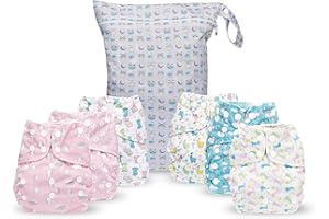 Simple Being Reusable Cloth Diapers, Double Gusset, One Size Adjustable, Washable Soft Absorbent, Waterproof Cover, Eco-Friendly Unisex Baby Girl Boy, six 4-Layers Microfiber Inserts (Girl Animals)