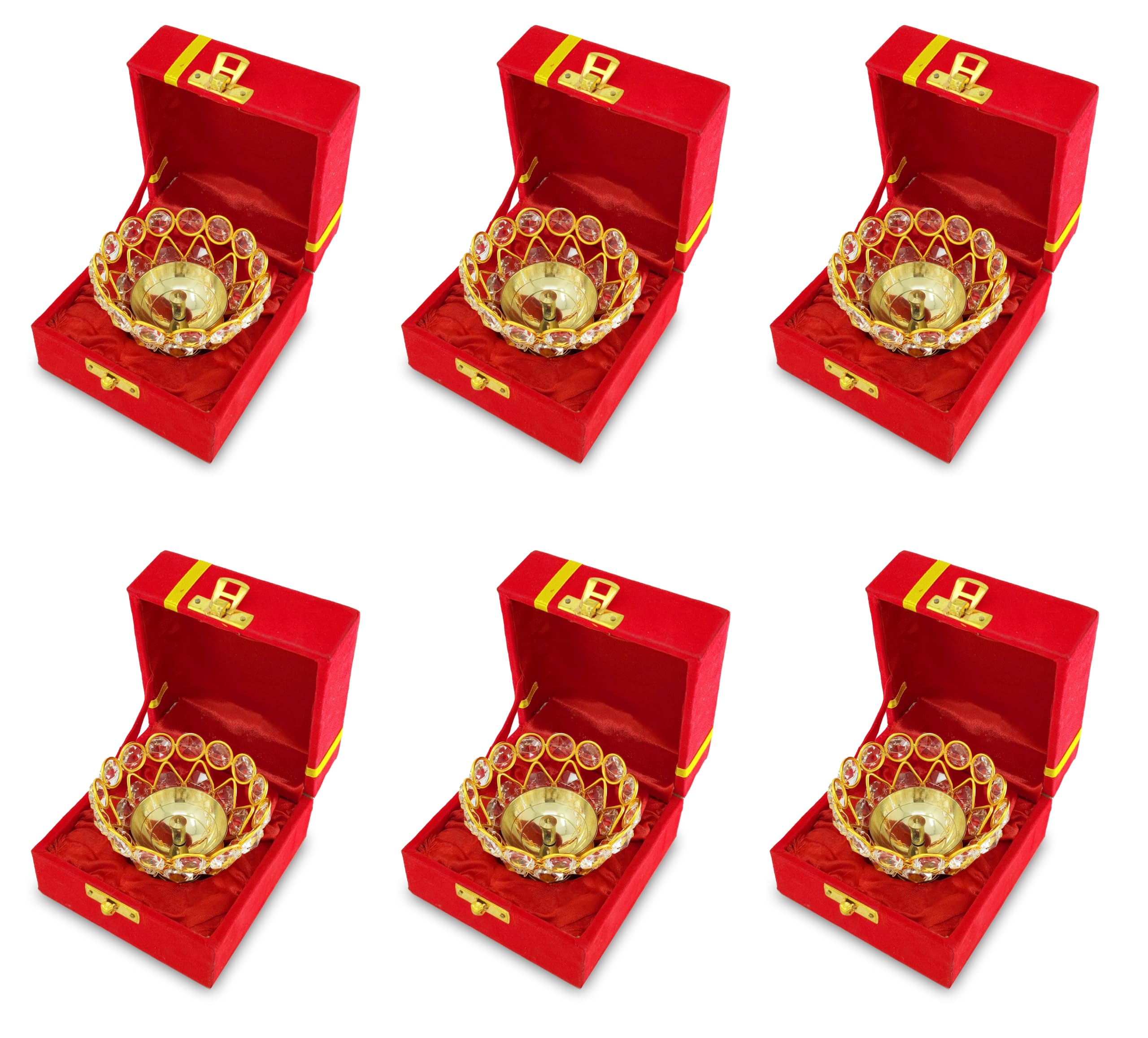 Photo 1 of BENGALEN Gold Crystal Diya with Red Velvet Gift Box Home Decoration Chrystal Piyali Dia Pooja Items Puja Gifts Handmade Oil Lamp Traditional Indian Dhanteras Deepawali Diwali Gift Items 6 Pcs
