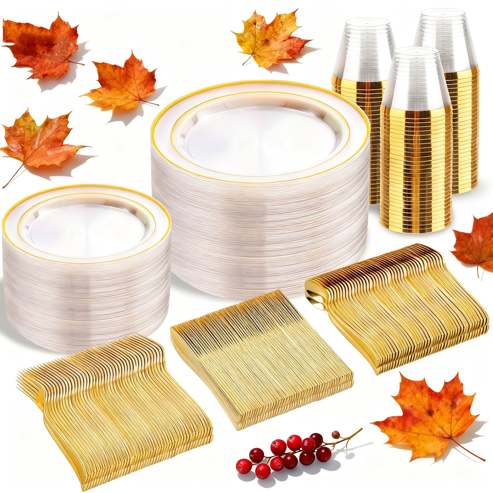bUCLA 300Pcs Clear Gold Plastic Disposable Dinnerware Set - Clear Plates with Gold Trim Include 50 Dinner / 50 Dessert Plates,50 Cups,150 Plastic Silverware Set for Party, Fall & Thanksgiving Image bUCLA 300Pcs Clear Gold Plastic Disposable Dinnerware Set - Clear Plates with Gold Trim Include 50 Dinner / 50 Dessert Plates,50 Cups,150 Plastic Silverware Set for Party, Fall & Thanksgiving Image
