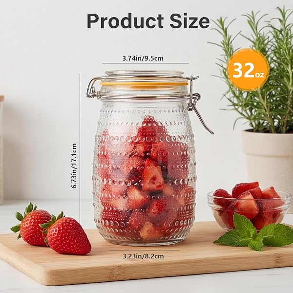 ICESIP GLASS JARS WITH AIRTIGHT LIDS, 6PACK 32OZ WIDE MOUTH MASON JAR WITH CLAMP LIDS, FOOD CONTAINERS FOR GRAINS, NUTS, NOODLES, COFFEE BEANS, SNACKS, FRUITS, POLKA DOTS
