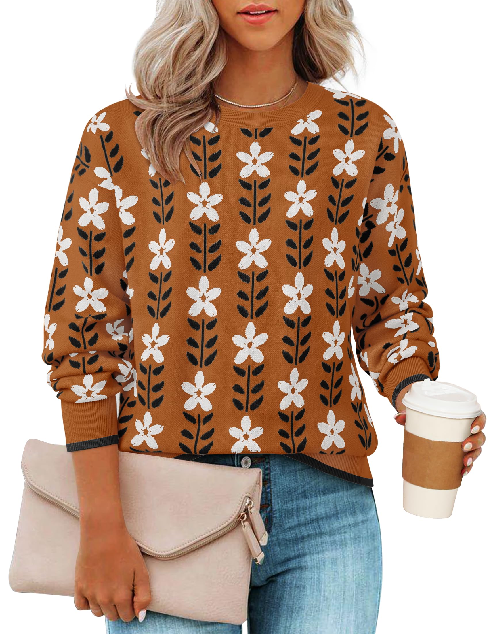 ZESICA Women's Long Sleeve Crewneck Sweater 2026 Fall Printed Cute Oversized Knitted Pullover Tops Trendy Clothes,Caramel,X-Large Image