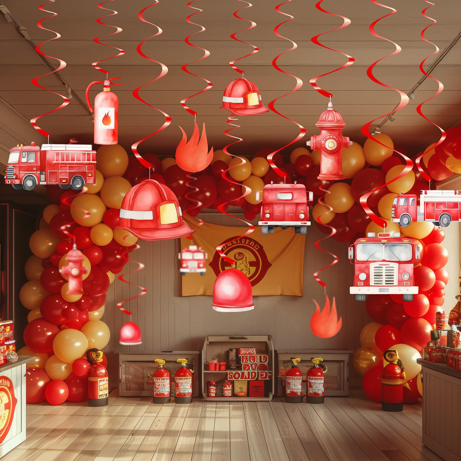 Photo 1 of 40 Pack Fire Truck Hanging Decorations – Firefighter Birthday Decorations for Boys, Fire Truck Party Supplies and Rescue Theme Decor