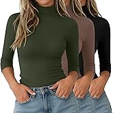 Yearntown 3 Pack Women's 3/4 Length Sleeve Shirts Cotton Blend Mock Turtleneck Tops Slim Fit Causal Basic Tees