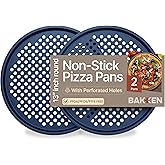 Bakken Pizza Baking Pan - Round Perforated Carbon Steel Pan with Non-Stick Marble Coating, Oversized Silicone Handle, Dishwasher Safe, High-Temperature Resistant, Durable & Easy Cleanup - Blue, 2 Pack