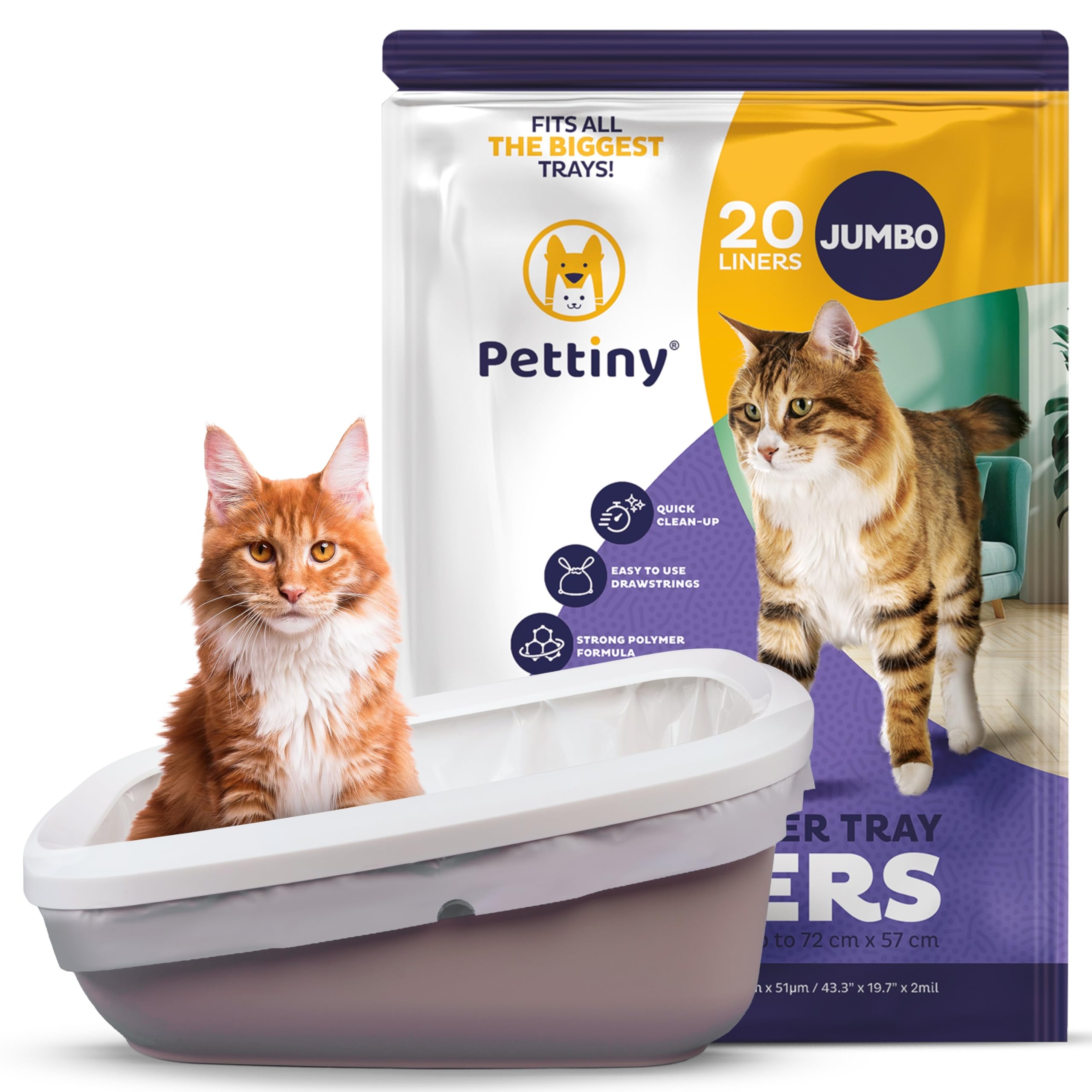 Pettiny Jumbo Cat Litter Tray Liners with Drawstrings - Pack of 20 Scratch Resistant Bags for Giant Litter Box