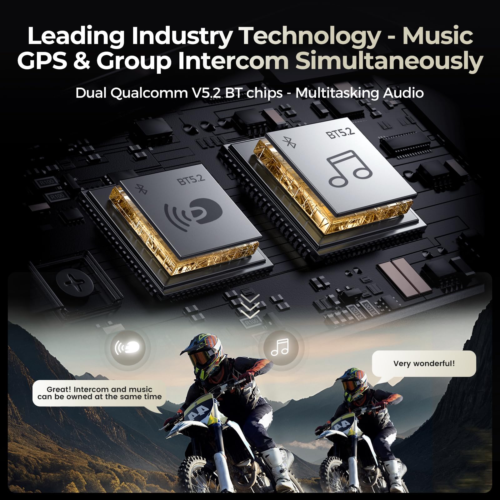 gearelec Helmet Bluetooth Intercom 【Multitasking Audio】【Mesh Intercom】, 10 Riders 2000M Motorcycle Communicaiton Systems，Motorcycle Bluetooth Headset with HiFi Sound/RGB Light/Music Sharing, 2 Pack