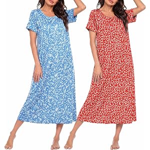 Ekouaer 2 Pack Long Nightgowns for Women Short Sleeve Crew Neck Soft House Dress Loungewear Nightshirt with Pockets S-3XL