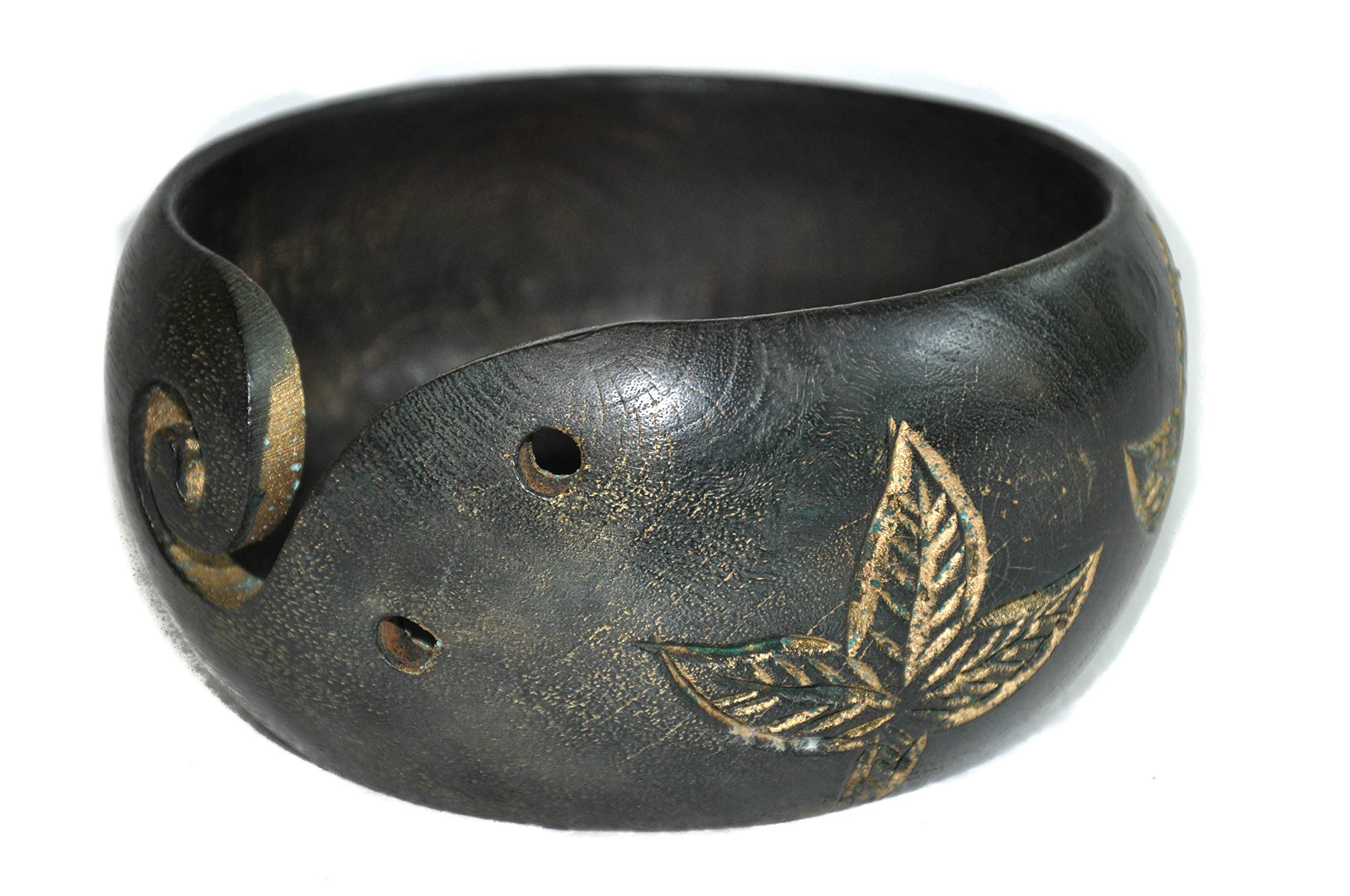 Premium Solid Dark Hard Wood Flowers Crafted Wooden Portable Antique Brass Green Yarn Bowl | Knitting | Crochet Holder | Hind Handicrafts (6 x 6 x 3 inch)