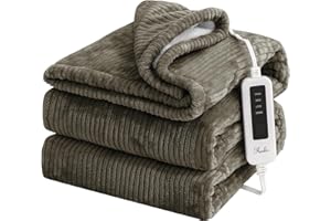 Reaks Heated Electric Blanket Throw - 50" x 60" Heating Blanket with 4 Fast Heating Levels & 3 Hours Auto Off, Soft Warm Flannel Sherpa Blankets for Home Office, ETL&FCC Certification, Brown