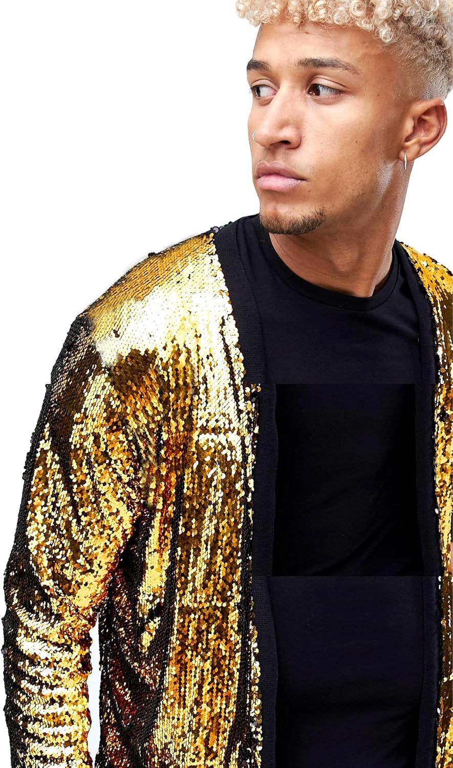 Pacinoble Mens Cardigan All Over Sparkle Sequin Open Front Long Sleeve Jacket with Ribbed Cuffs at  Men’s Clothing store