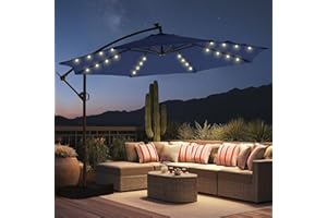 HOMSHADE 10ft Solar Lights Offset Cantilever Patio Umbrella - with Light and Base, LED Lighted Offset Hanging Patio Outdoor Market Umbrella UPF50+ UV Protection with Easy Tilt and Crank (Navy Blue)