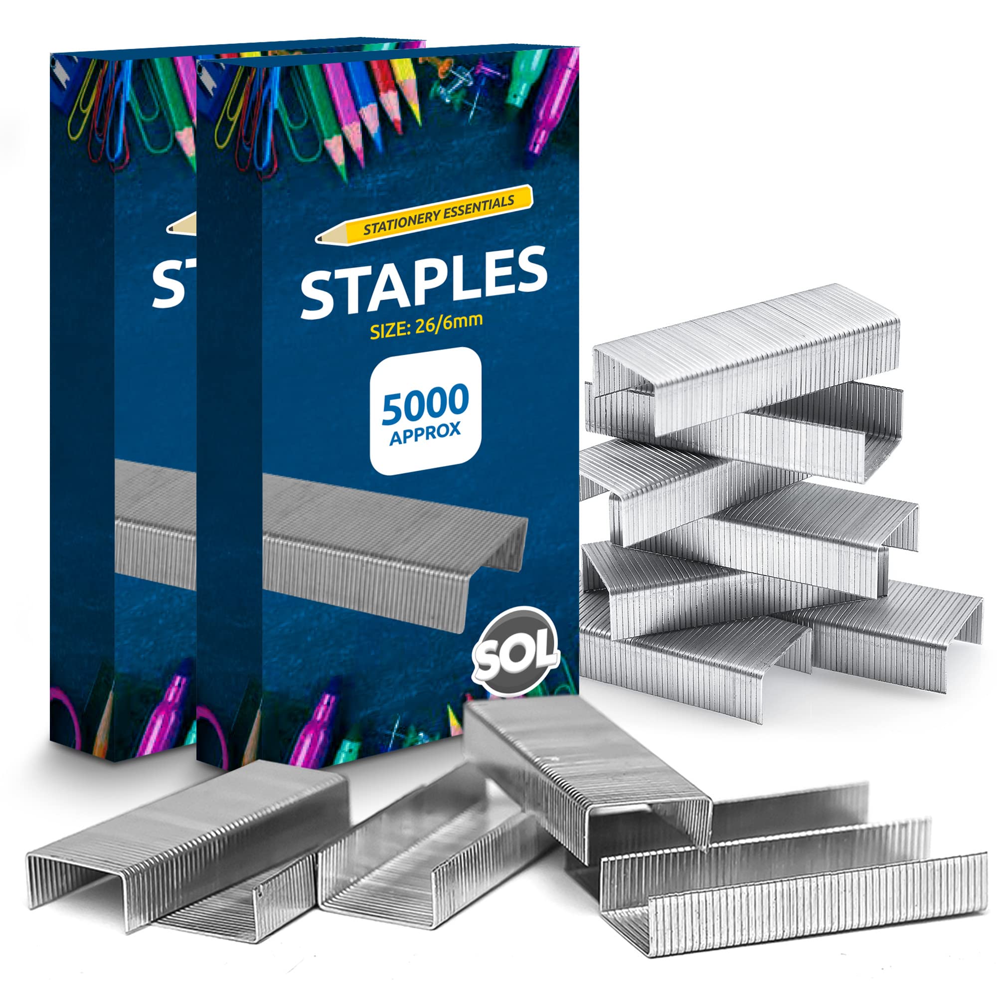 SOL 10,000pk Staples for Multipurpose Use, Staples 26/6 Standard Size, Durable Steel, Anti-Jam Design, Compatible with Standard Staplers, Ideal for Office, Home & School Use, Perfect for Binding Paper