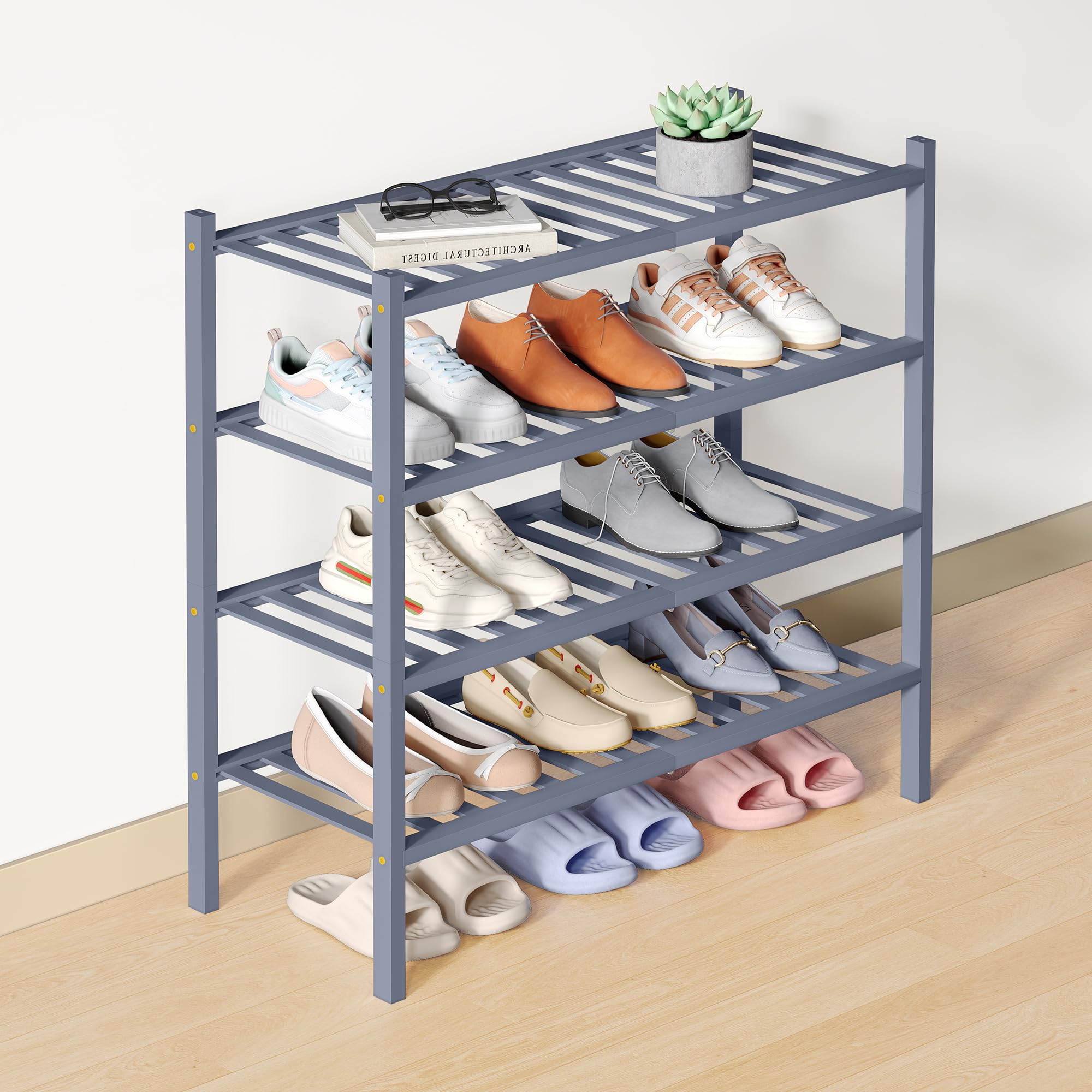 Photo 1 of Smiry Bamboo Shoe Rack for Closet, 4 Tier Wooden Stackable Shoe Organizer, Free Standing Shoes Storage Shelf for Entryway, Front Door Entrance, Grey