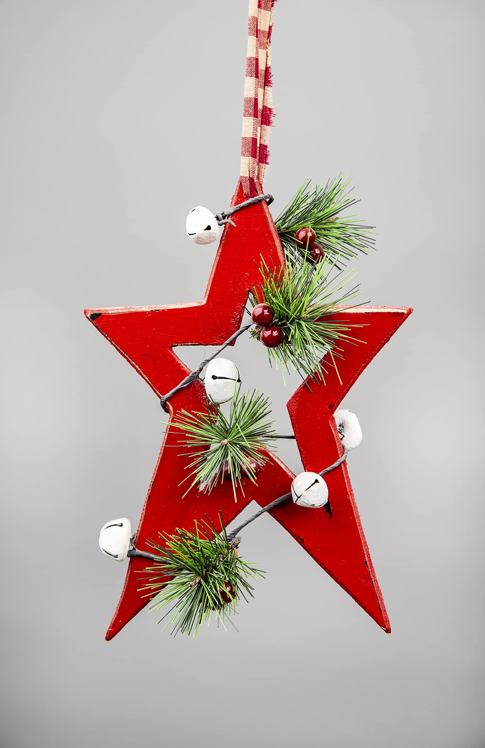 SHATCHI 26cm Red Wooden Star Wall Hanging Ornament Decorated with White Bells Berries and Pines Christmas Holiday Home Decorations, 18x1.2x26 cm