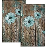 Giwawa Rustic Barn Sunflower Wooden Hand Towel 15x30 Set of 2, Fall Teal Daisy Flower Plank Fingertip Towel Retro Board Face Towel Country Barnwood Washcloth for Bathroom Farmhouse Log Cabin