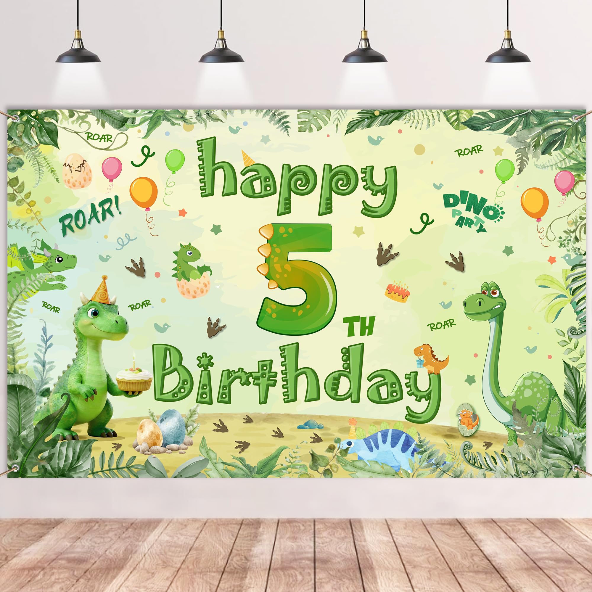 Dinosaur 5th Birthday Decorations Banner - Green Happy 5th Birthday Background Banner for Boys (100 X 150 cm), Dino Themed Photography Backdrop Decor for 5 Years Old Kids Jungle Party Supplies — image 1