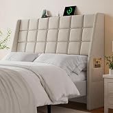 ONBRILL Ergonomic Headboard Queen Size with Charging Station, Off White | Linen Wingback Headboards Queen with 2 Storage Pockets, Upholstered Headboard Only, 2 Bed Frame Adapters, Sturdy Stable