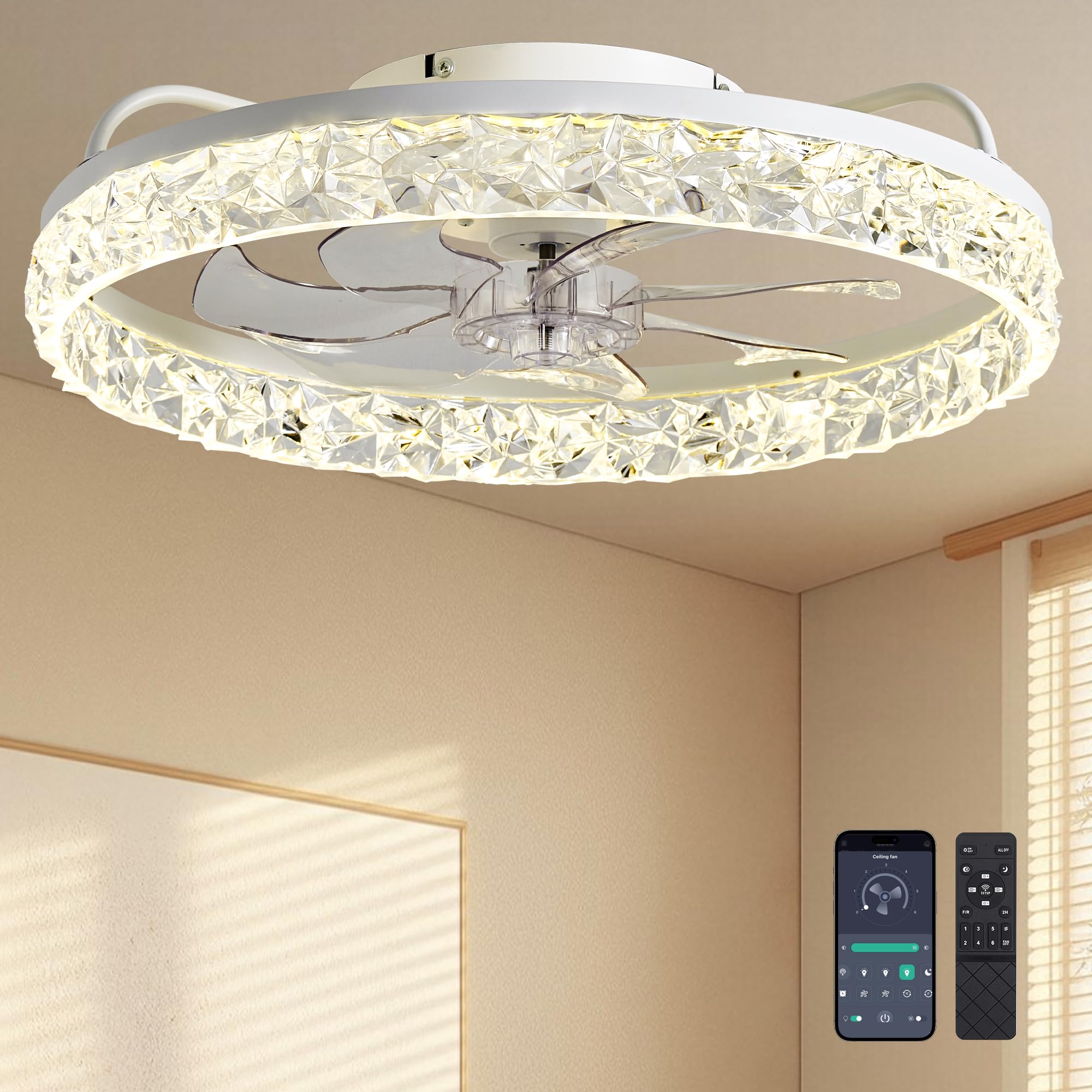 Ceiling Fans with Lights and Remote Fandelier - 20'' Flush Mount Crystal & White Low Profile Modern Ceiling Fans for Bedroom - Stepless Color Temperature and 6 Speeds Image