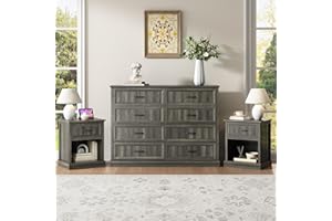 CARPETNAL Farmhouse Dresser and Nightstand Sets for Bedroom, 3 Pcs Bedroom Set, 8 Drawer Dresser & Nightstand Set of 2, Modern Wood Chest of Drawers for Bedroom, Living Room, Entryway, Grey