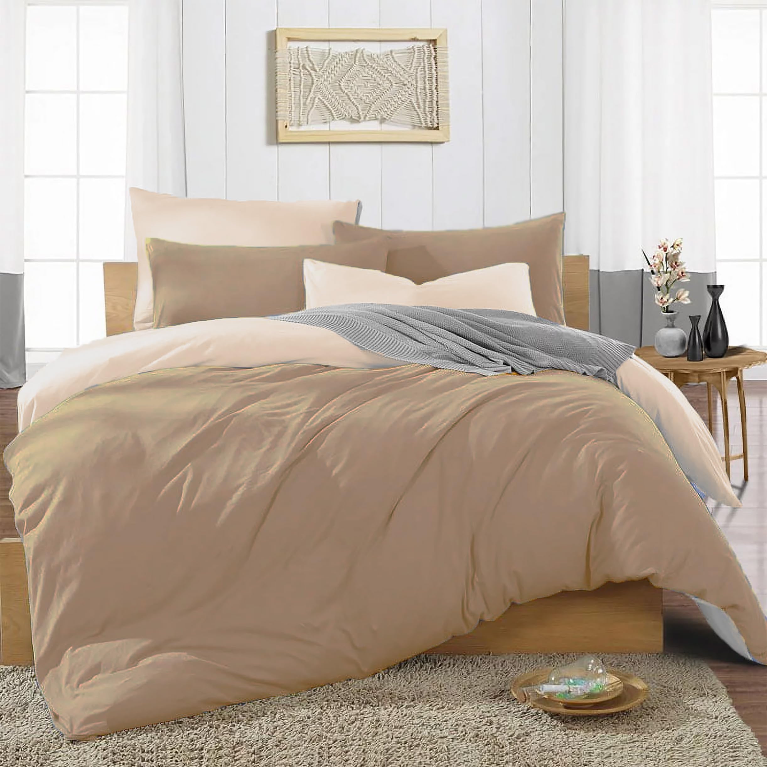 Ev Dekor® Duvet Cover Set Double Beige Cream - Soft Microfibre Polyester Plain Dyed Reversible Double Duvet Set with Pillow cases - Bedding Quilt Covers Bedsheets