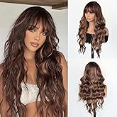 Long Brown Wig with Bangs Brown Wavy Wigs with Blonde Highlight 26 Inch Brown Highlight Wigs with Dark Roots Glueless Wigs for Women Natural Curly Brunette Wig Synthetic Wig for Women Daily Party Use