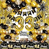 Black and Gold 33rd Birthday Decorations for Men Women, Gold Party Decorations include Happy Birthday Banner, Tablecloth, Fringe Curtains, Star Foil Balloons for 33rd Birthday Decorations