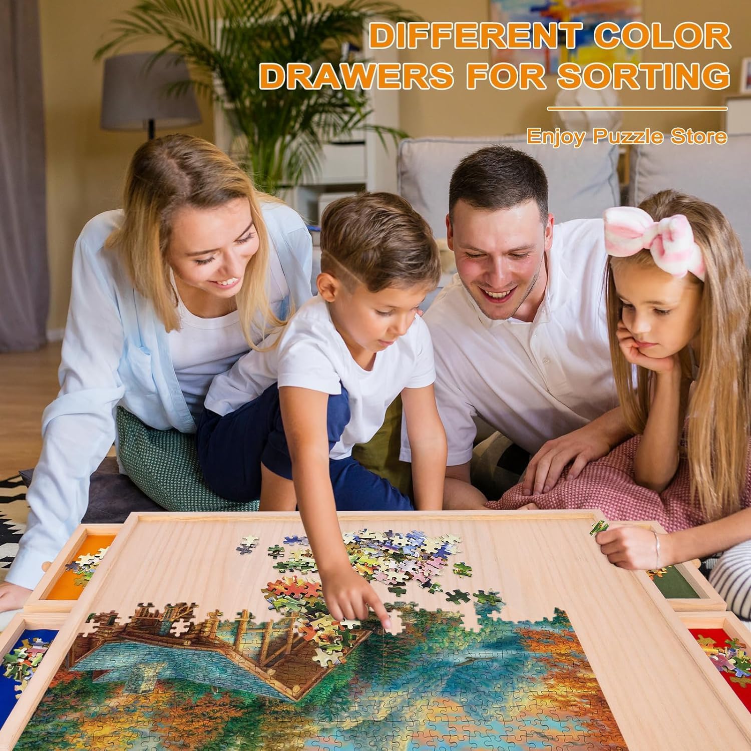 Puzzle Board with Drawers Rotatable 360-Degree Wheels and Cover 30