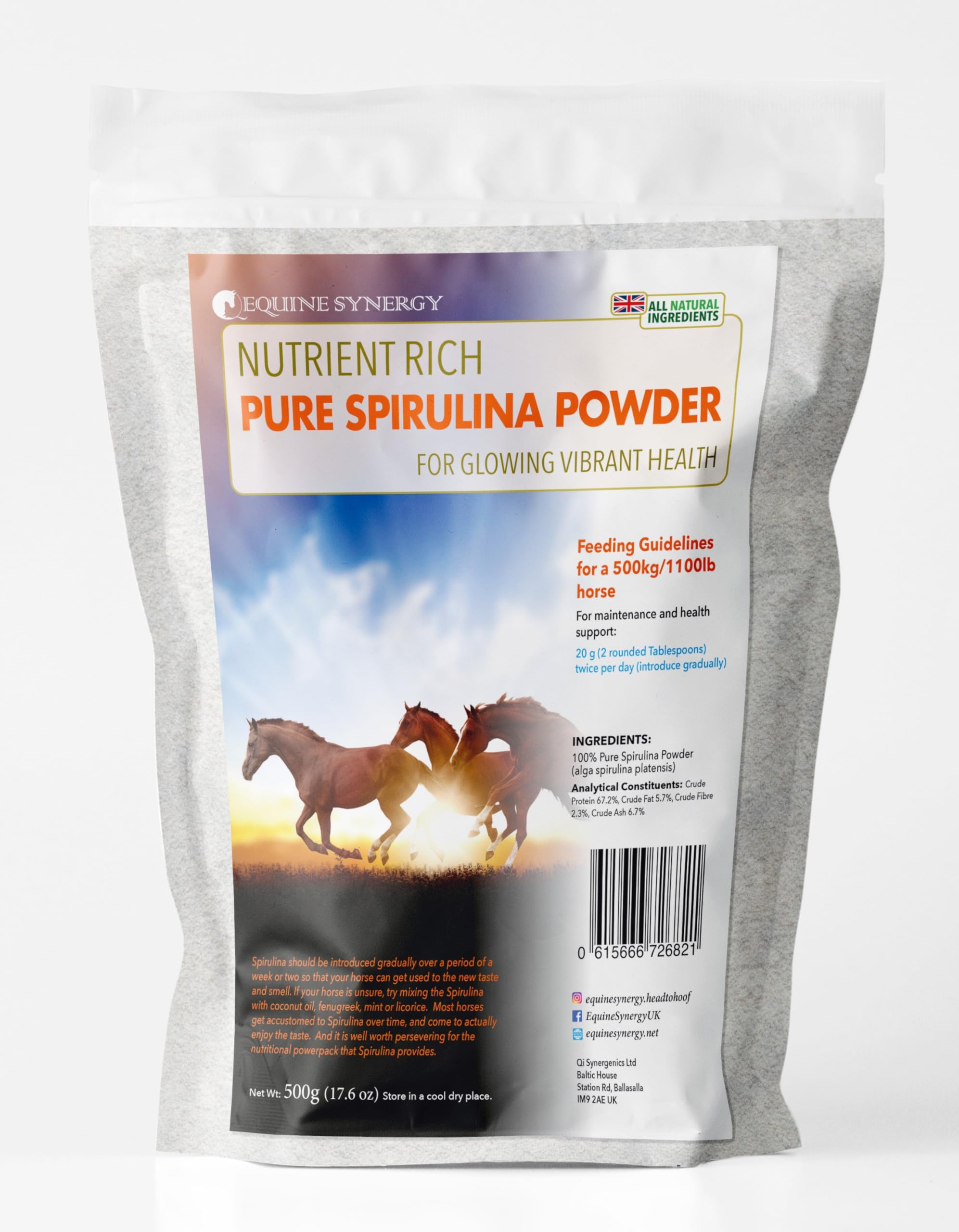 Equine Synergy High Potency Spirulina 500g For Horses and Ponies -100% Pure and Rich in Vitamins, Minerals and Micro-Nutrients to Maintain Optimal Health