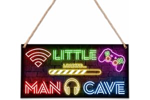 ZIIUFRN Little Man Cave, Neon Gaming Wooden Door Sign for Gamer Room Decor, Boys Decorations for Bedroom Nursery Playroom Wall Art (6"x12") -C04