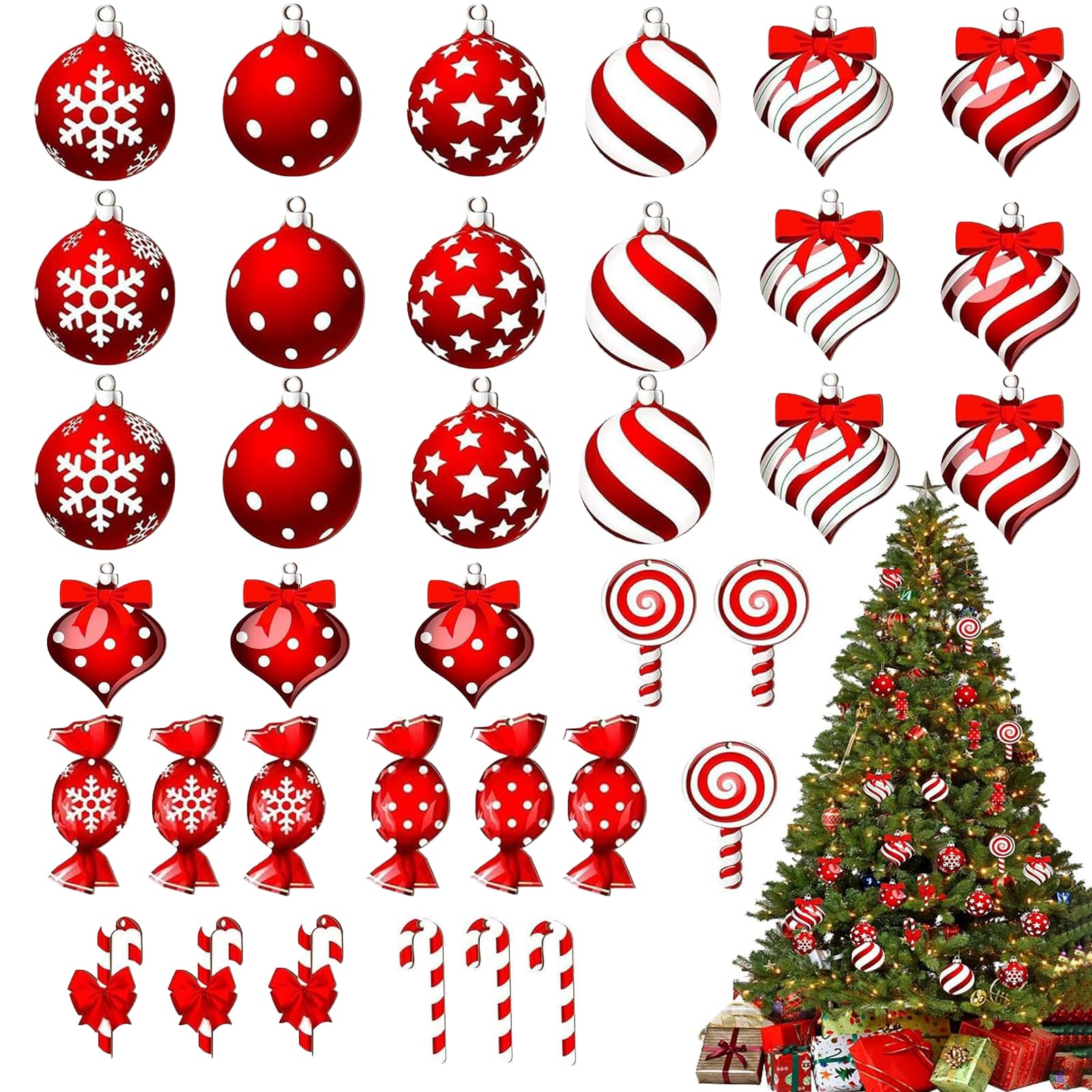 36 Pcs Christmas Candy Cane Decorations - 2D Tree Ornaments for Holiday Decor