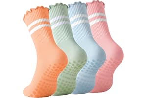 SIONCY Pilates Socks with Handles for Women Ruffle Cotton Non-Slip Yoga Crew Socks Barre Ballet Workout 4 Pairs