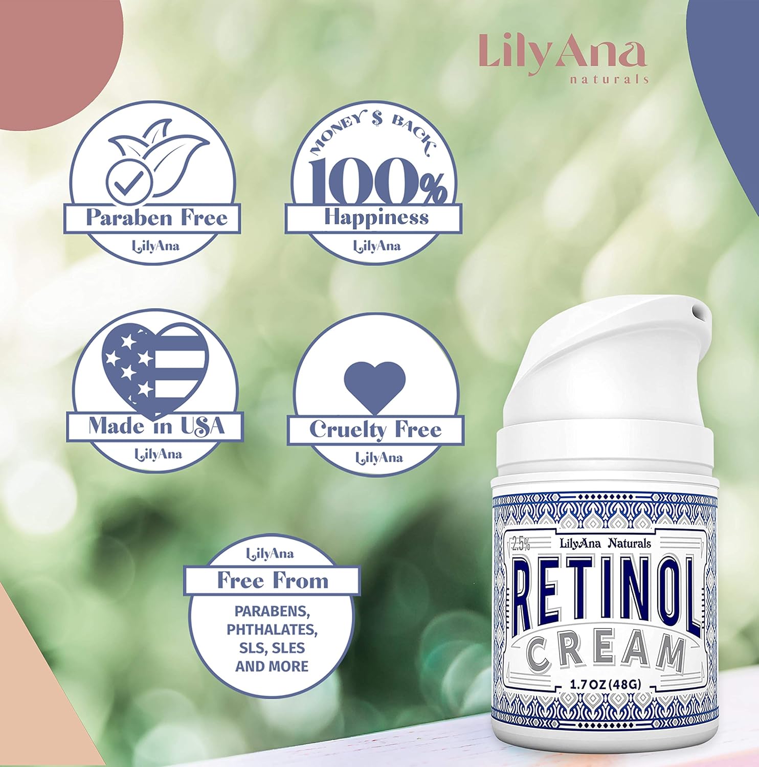 LilyAna Naturals Retinol Cream for Face - Retinol Cream, Anti Aging Cream, Retinol Moisturizer for Face, Wrinkle Cream for Face, 2.5% Retinol Complex - 1.7oz: Beauty