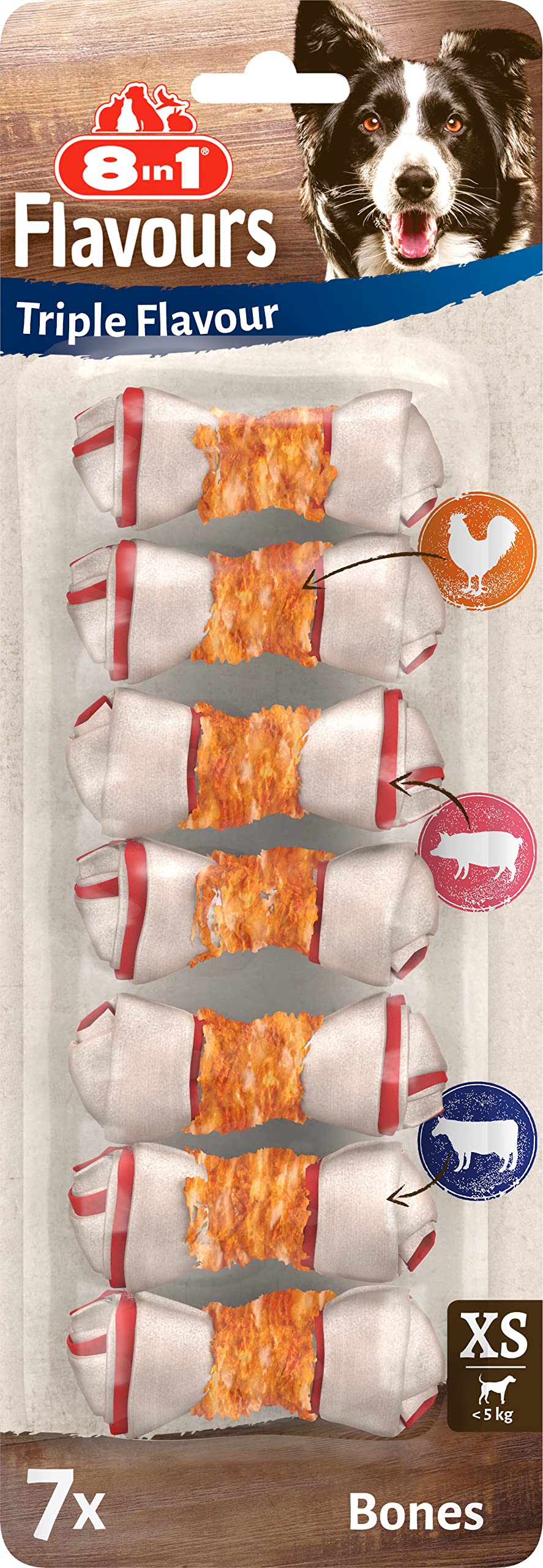 8in1 Triple Flavour Bones XS - chewy dog bones with chicken fillet, pork hide and beef hide, 7 pcs.