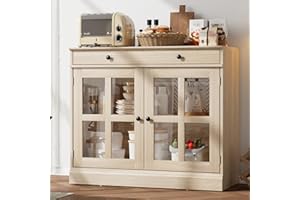 IDEALHOUSE Sideboard Buffet Cabinet with Storage Drawer,35.4" Farmhouse Kitchen Coffee Wine Bar Cabinet with 2 Glass Doors, W