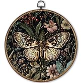 TLESKE Vintage Butterfly Flower Round Wall Art Decor Framed 10x10, Moody Dark Floral Canvas Wall Art Prints Artwork, Aesthetic Moth Wall Hanging Room Door Decor Decorations for Bedroom Living Room