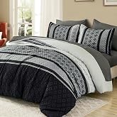 Cottolester Boho Comforter Set Queen Size,Black Gray Striped Bed in a Bag | 7 Piece Plaid Comforter Set,Soft Microfiber Bedding Sets