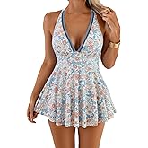 Aidonger Women's One Piece Swimdress Swimsuit Tummy Control with Cutout Skirt Bathing Suit Modest V Neck Swim Dress