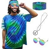 XonyiCos Hippie Costume for Men Women 60s and 70s colorful T-shirt sunglasses headband Peace necklace 4-piece theme party