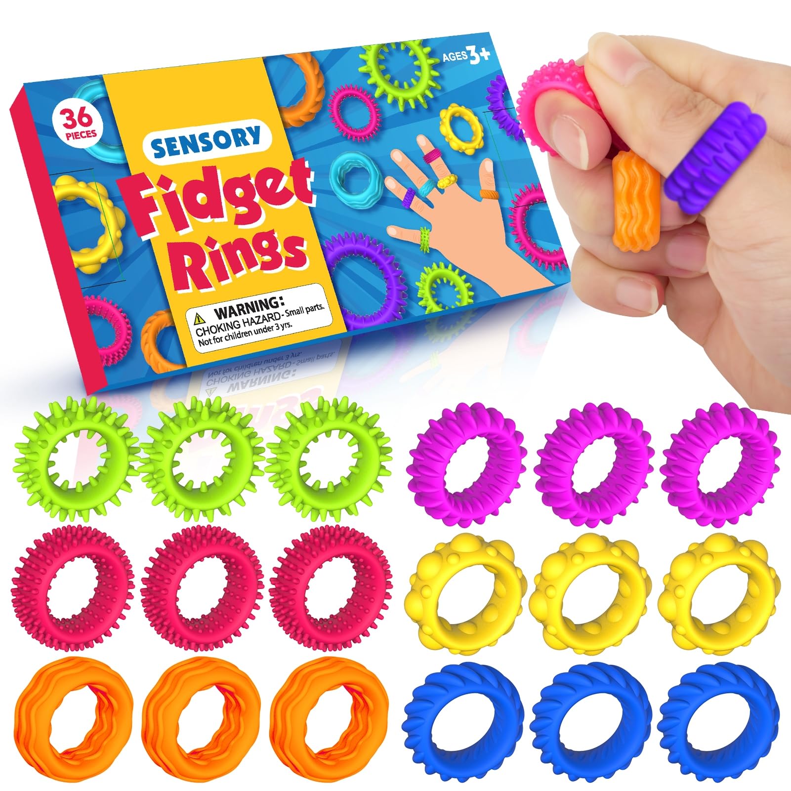 SMALL FISH 36 Pack Fidget Ring Sensory Finger Toys for Kids Adults - Stretchy Calming Toys for Autism - Bulk Fidgets for Students Classroom Prize