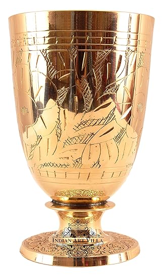 Indian Art Villa Brass Hand Crafted Designer Glass Tumbler with Bottom Stand 350 ML - Serving Drinking Water Home Hotel Restaurant Tableware