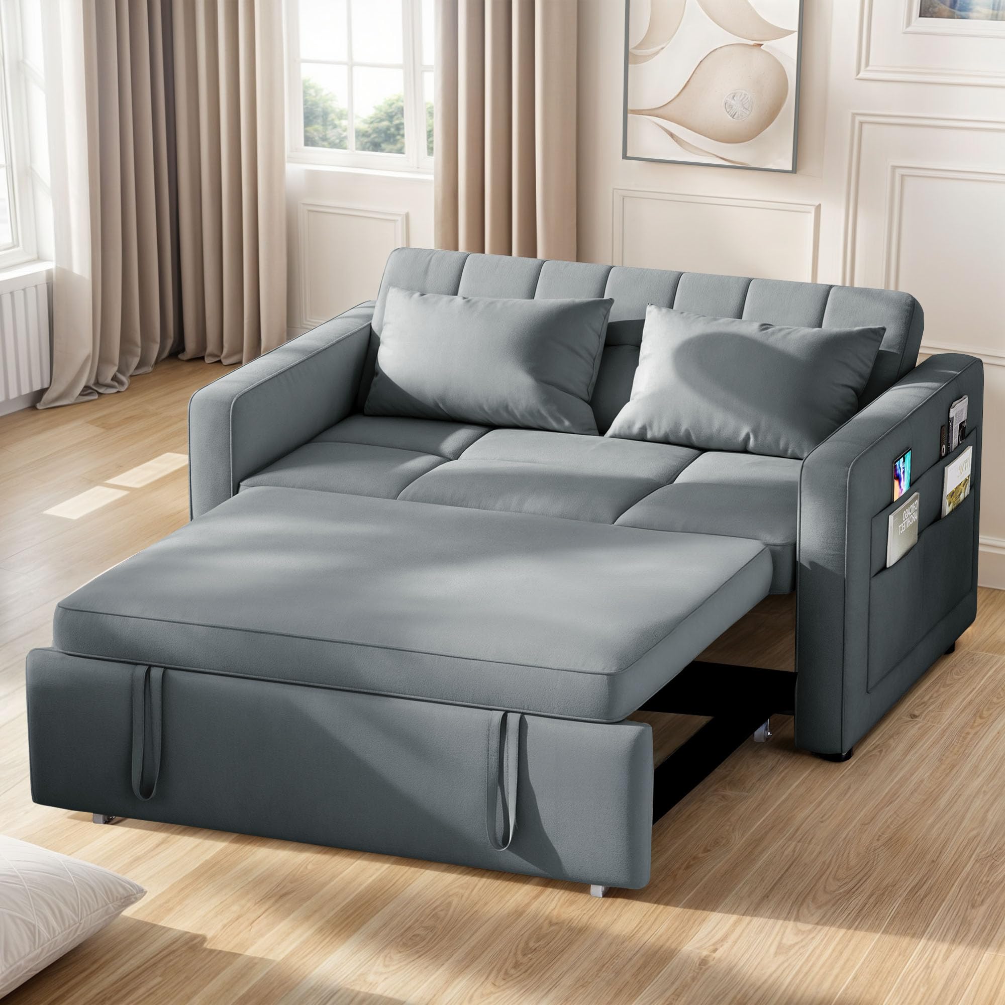 Photo 1 of YITAHOME 55" Convertible Sofa Bed, 3-in-1 Sleeper Sofa with Pull-Out Bed, Velvet Futon Couch with Reclining Backrest and Side Pocket, Modern Loveseat for Living Room, Grey, Full Size