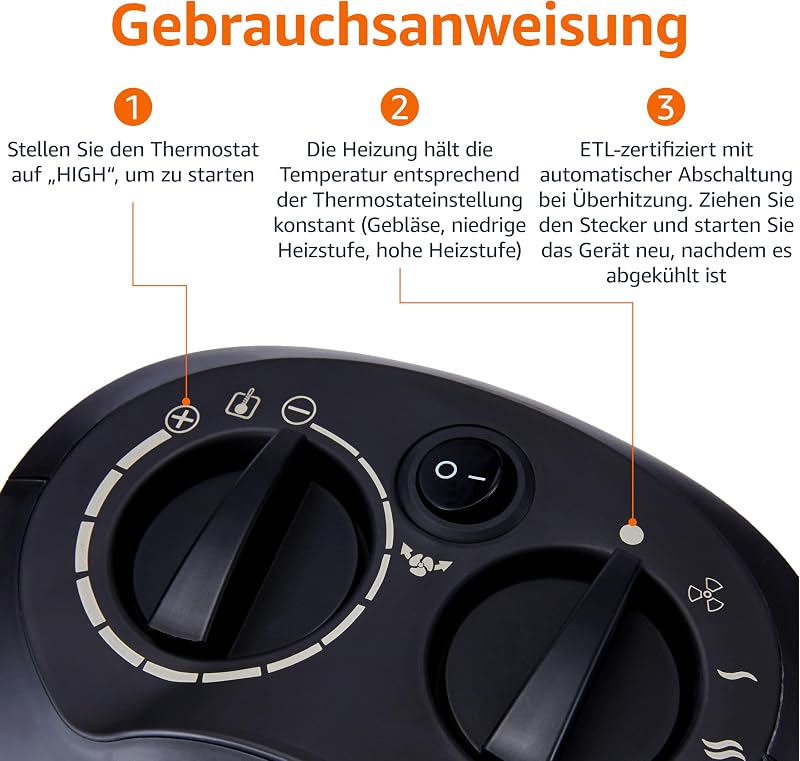 Oszillierende Keramik-Standheizung, 1800 W, mit verstellbarem Thermostat - Schwarz — Foto 4 von 7