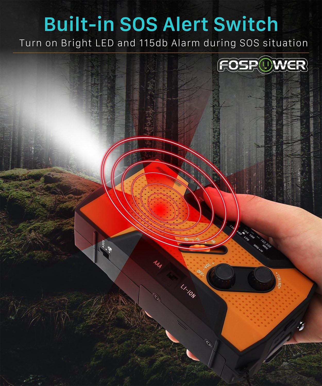 FosPower Emergency Solar Hand Crank Portable Radio, NOAA Weather Radio for Household and Outdoor Emergency with AM/FM, LED Flashlight, Reading Lamp, 2000mAh Power Bank USB Charger and SOS Alarm: Home Audio & Theater